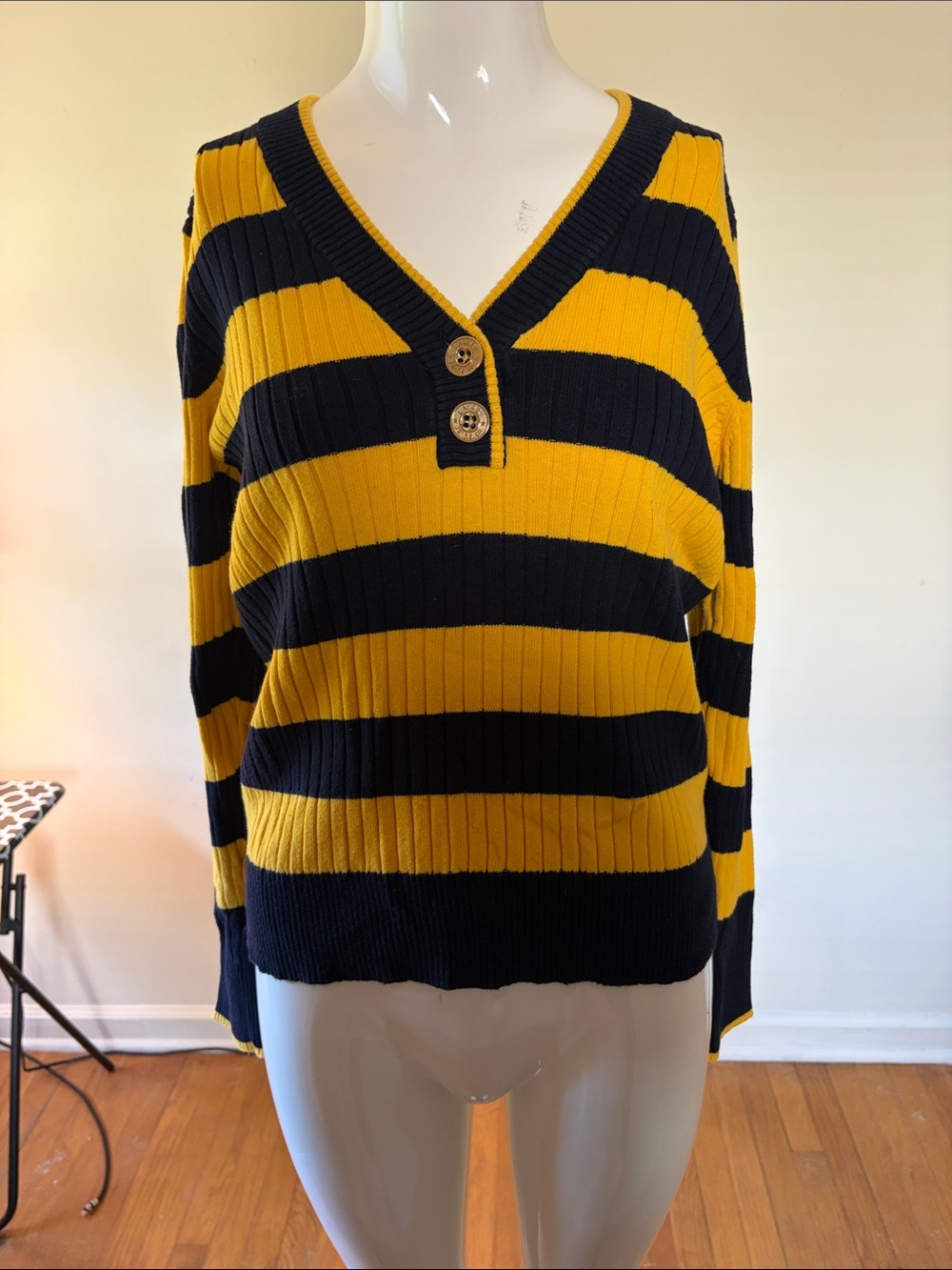 Ralph Lauren Navy and Yellow Striped V‑Neck Sweater